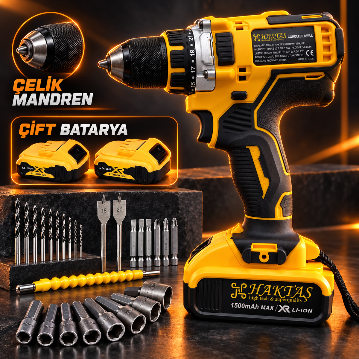 25 TORK ÇELİK Mandren ÇİFT Batarya Adaptör 40 PARÇA SET Süper SET