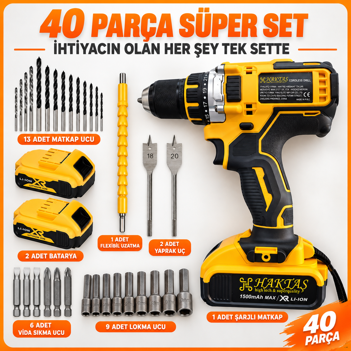 25 TORK ÇELİK Mandren ÇİFT Batarya Adaptör 40 PARÇA SET Süper SET