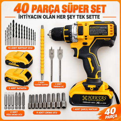 25 TORK ÇELİK Mandren ÇİFT Batarya Adaptör 40 PARÇA SET Süper SET
